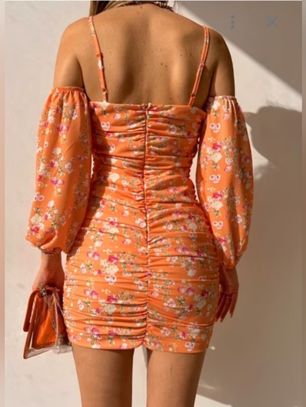 Luxxel Orange Floral Off-Shoulder Ruched Mini Dress